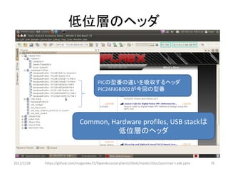 低位層のヘッダ



                                         PICの型番の違いを吸収するヘッダ
                                         PIC24FJGB002が今回の型番




                               Common, Hardware profiles, USB stackは
                                         低位層のヘッダ



2012/2/1８   https://github.com/magoroku15/OpenAccessoryDemo/blob/master/Doc/poorman's adk.pptx   76
 