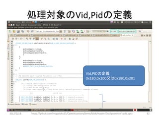処理対象のVid,Pidの定義




                                                        Vid,PIDの定義
                                                        0x180,0x200又は0x180,0x201




2012/2/1８   https://github.com/magoroku15/OpenAccessoryDemo/blob/master/Doc/poorman's adk.pptx   82
 