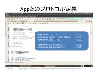 Appとのプロトコル定義



                                   •COMMAND_SET_LEDS                                  = 0x01,
                                   •COMMAND_UPDATE_PUSHBUTTONS                        = 0x02,
                                   •COMMAND_UPDATE_POT                                = 0x03,

                                   •COMMAND_APP_CONNECT                               = 0xFE,
                                   •COMMAND_APP_DISCONNECT                            = 0xFF




2012/2/1８   https://github.com/magoroku15/OpenAccessoryDemo/blob/master/Doc/poorman's adk.pptx   84
 