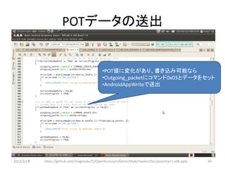 POTデータの送出


                                             •POT値に変化があり、書き込み可能なら
                                             •Outgoing_packetにコマンド0x03とデータをセット
                                             •AndroidAppWriteで送出




2012/2/1８   https://github.com/magoroku15/OpenAccessoryDemo/blob/master/Doc/poorman's adk.pptx   94
 