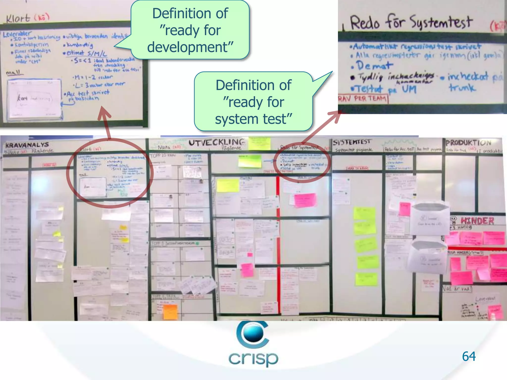 Definition of
  ”ready for
development”

           Definition of
            ”ready for
           system test”




                           64
 