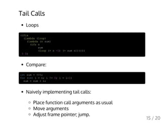 Tail Calls
Loops
((fix
(lambda (loop)
(lambda (n sum)
(ifz n
sum
(loop (+ n -1) (+ sum n))))))
5 0)
Compare:
int sum = ???;
for (int i = n; i != 0; i = i-1)
sum = sum + n;
Naively implementing tail calls:
Place function call arguments as usual
Move arguments
Adjust frame pointer; jump.
15 / 20
 