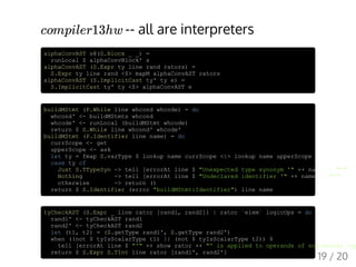 -- all are interpreters
alphaConvAST s@(S.Block _ _) =
runLocal $ alphaConvBlock' s
alphaConvAST (S.Expr ty line rand rators) =
S.Expr ty line rand <$> mapM alphaConvAST rators
alphaConvAST (S.ImplicitCast ty' ty e) =
S.ImplicitCast ty' ty <$> alphaConvAST e
buildMStmt (P.While line whcond whcode) = do
whcond' <- buildMStmts whcond
whcode' <- runLocal (buildMStmt whcode)
return $ S.While line whcond' whcode'
buildMStmt (P.Identifier line name) = do
currScope <- get
upperScope <- ask
let ty = fmap S.varType $ lookup name currScope <|> lookup name upperScope
case ty of
Just S.TTypeSyn -> tell [errorAt line $ "Unexpected type synonym '" ++ name ++ "'"]
Nothing -> tell [errorAt line $ "Undeclared identifier '" ++ name ++ "'"]
otherwise -> return ()
return $ S.Identifier (error "buildMStmt:Identifier") line name
tyCheckAST (S.Expr _ line rator [rand1, rand2]) | rator `elem` logicOps = do
rand1' <- tyCheckAST rand1
rand2' <- tyCheckAST rand2
let (t1, t2) = (S.getType rand1', S.getType rand2')
when ((not $ tyIsScalarType t1) || (not $ tyIsScalarType t2)) $
tell [errorAt line $ "'" ++ show rator ++ "' is applied to operands of non-scalar typ
return $ S.Expr S.TInt line rator [rand1', rand2']
compiler13hw
19 / 20
 