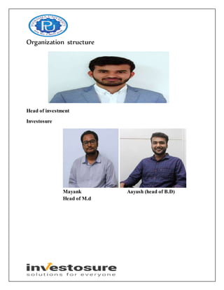 Organization structure
Head of investment
Investosure
Mayank Aayush (head of B.D)
Head of M.d
 