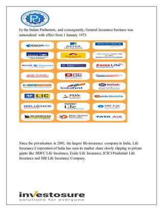 by the Indian Parliament, and consequently, General Insurance business was
nationalized with effect from 1 January 1973.
Since the privatisation in 2001, the largest life-insurance company in India, Life
Insurance Corporation of India has seen its market share slowly slipping to private
giants like HDFC Life Insurance, Exide Life Insurance, ICICI Prudential Life
Insurance and SBI Life Insurance Company.
 