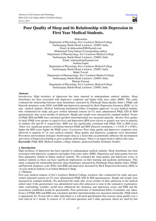 Poor quality of sleep and its relationship with depression in first ...