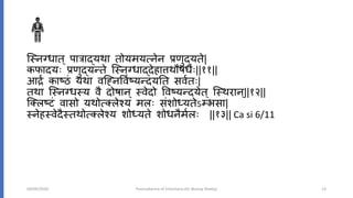 ग््िनधात ् पात्राद्यथा तोयमयत्मिेि प्रणुद्यते|
कफादयिः प्रणुद्यतते ग््िनधाद्देहात्तथौषधैिः||११||
आर्द्रं काष्ठं यथा वग्निवववष्यतदयनत सववतिः|
तथा ग््िनध्य वै दोषाि ् ्वेदो ववष्यतदयेत ् ग््थराि ्||१२||
ग्क्लष्टं वासो यथोत्मक्लेश्य मलिः संशोध्यतेऽ्भसा|
्िेह्वेदै्तथोत्मक्लेश्य शोध्यते शोधिैमवलिः ||१३|| Ca si 6/11
04/09/2020 Poorvakarma of Virechana (Dr Akshay Shetty) 13
 