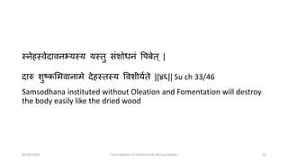 ्िेह्वेदाविभ्य्य य्तु संशोधिं वपबेत ् |
दारु शुष्कसमवािामे देह्त्य ववशीयवते ||४६|| Su ch 33/46
Samsodhana instituted without Oleation and Fomentation will destroy
the body easily like the dried wood
04/09/2020 Poorvakarma of Virechana (Dr Akshay Shetty) 14
 
