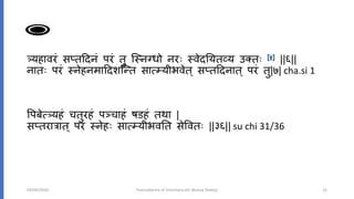 त्र्यहावरं स्तददिं परं तु ग््िनधो िरिः ्वेदनयतव्य उक्तिः [४] ||६||
िातिः परं ्िेहिमाददशग्तत सात्म्यीभवेत ् स्तददिात ् परं तु|७| cha.si 1
वपबेत्मत्र्यहं चतुरहं पञ्चाहं षडहं तथा |
स्तरात्रात् परं ्िेहिः सात्म्यीभवनत सेववतिः ||३६|| su chi 31/36
04/09/2020 Poorvakarma of Virechana (Dr Akshay Shetty) 15
 