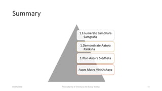 Summary
1.Enumerate Sambhara
Samgraha
1.Demonstrate Aatura
Pariksha
1.Plan Aatura Siddhata
Asses Matra Vinishchaya
04/09/2020 Poorvakarma of Virechana (Dr Akshay Shetty) 21
 