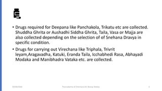 • Drugs required for Deepana like Panchakola, Trikatu etc are collected.
Shuddha Ghrita or Aushadhi Siddha Ghrita, Taila, Vasa or Majja are
also collected depending on the selection of of Snehana Dravya in
specific condition.
• Drugs for carrying out Virechana like Triphala, Trivrit
leyam,Aragavadha, Katuki, Eranda Taila, Icchabhedi Rasa, Abhayadi
Modaka and Manibhadra Vataka etc. are collected.
04/09/2020 Poorvakarma of Virechana (Dr Akshay Shetty) 4
 