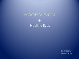 Poor Vision
+
Healthy Eyes

Dr. Anthony
28 Nov, 2013

 