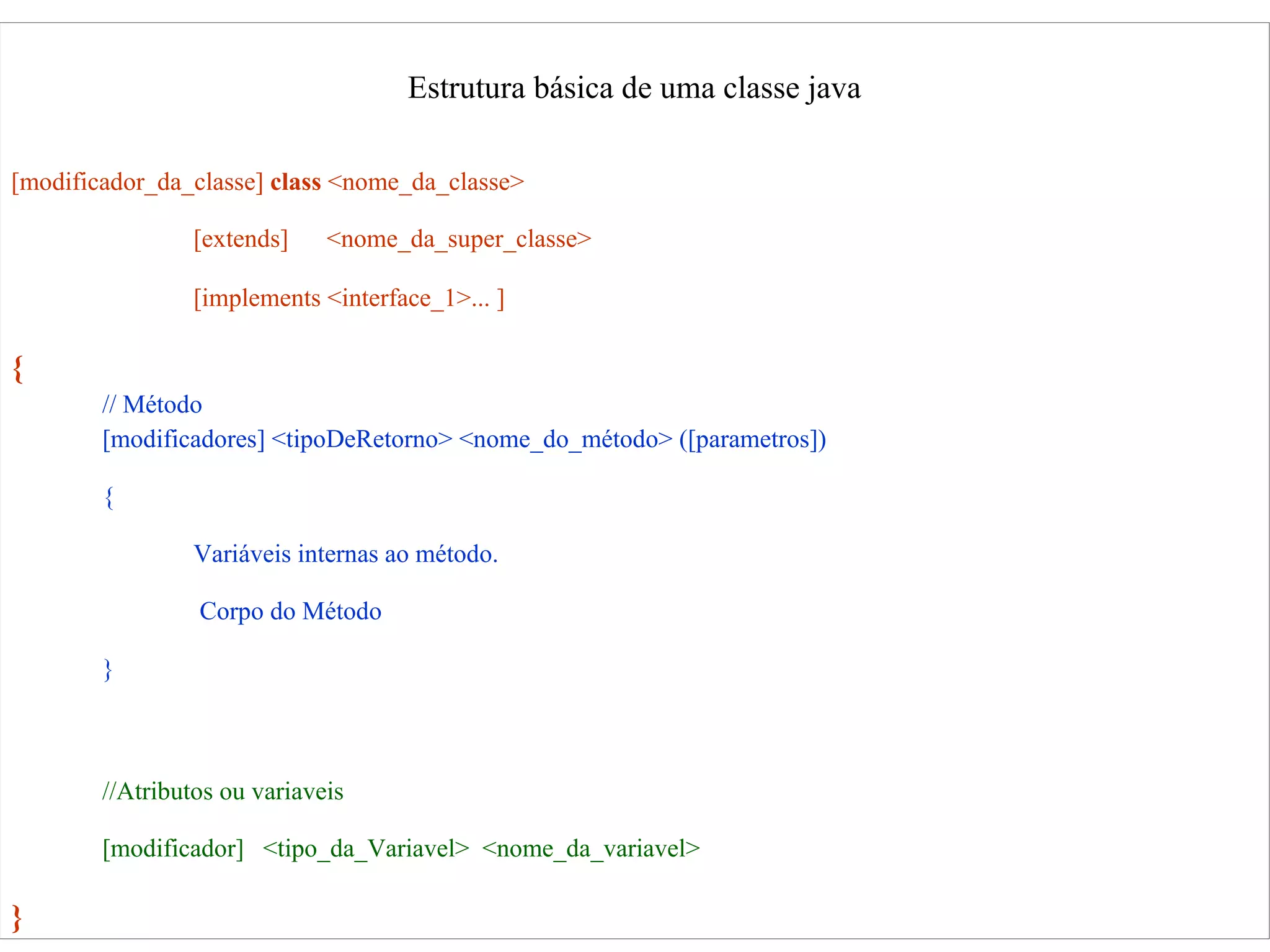 Estrutura básica de uma classe java [modificador_da_classe]   class   <nome_da_classe> [extends]   <nome_da_super_classe> [implements   <interface_1>...   ] { // Método [modificadores]   <tipoDeRetorno> <nome_do_método> ([parametros])‏ { Variáveis   internas   ao   método.   Corpo do Método } //Atributos ou variaveis [modificador]  <tipo_da_Variavel>  <nome_da_variavel> } 