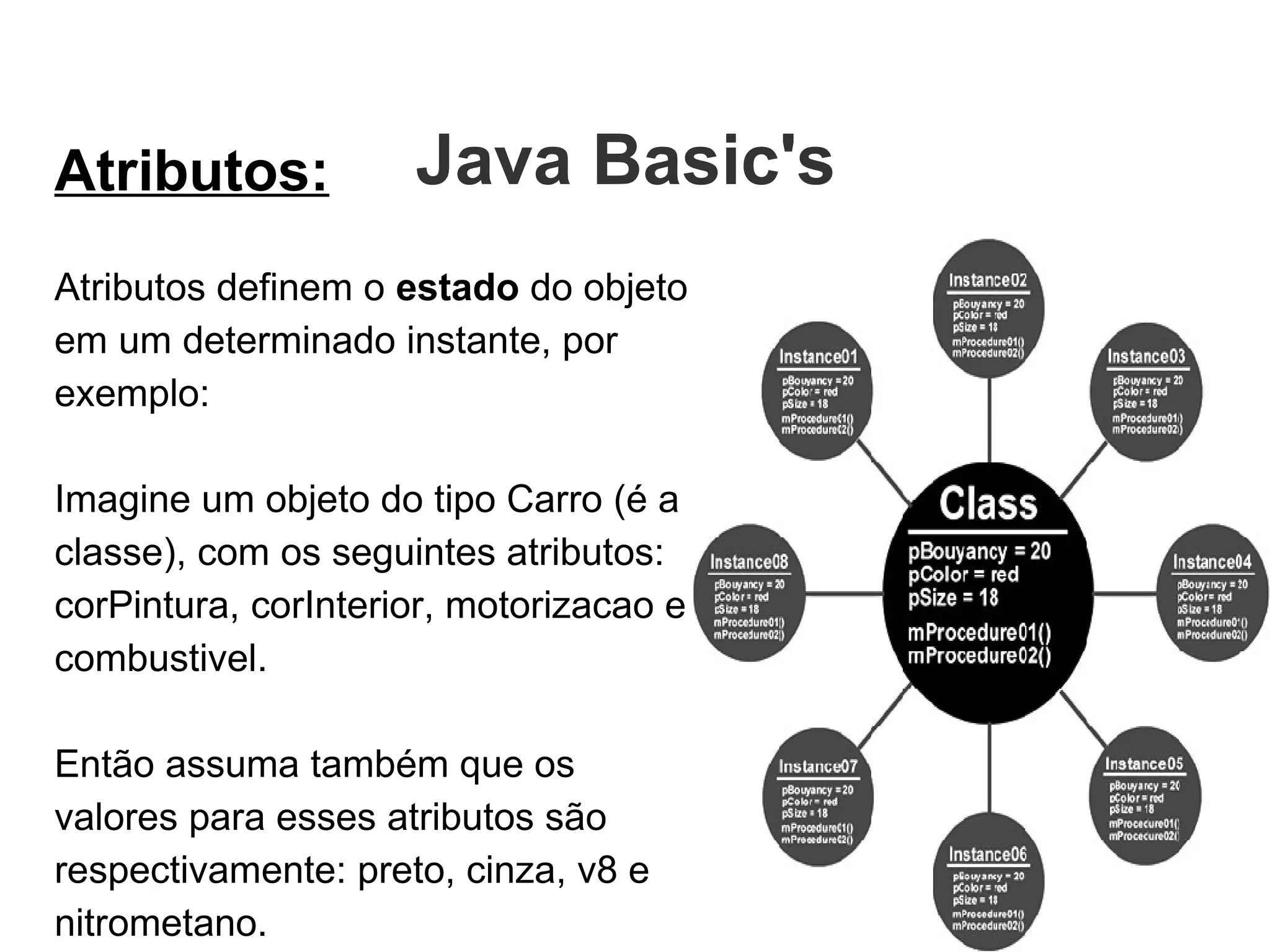 Atributos: Atributos definem o  estado  do objeto em um determinado instante, por exemplo:  Imagine um objeto do tipo Carro (é a classe), com os seguintes atributos: corPintura, corInterior, motorizacao e combustivel.  Então assuma também que os valores para esses atributos são respectivamente: preto, cinza, v8 e nitrometano.  Java Basic's  