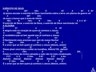 EXÉRCITO DE DEUS
E

G#7

C#m

D

B7

A

B7

E B7

Já posso escutar o exército de Deus marchando sobre a terra, em planos de guerra vai
E

G#7

C#m

Já ouço o louvor que é arma de vitória
F#m

B

F#m

B

F#m

B

E A E B7

O exército de Deus, o exército de Deus, o exército de Deus marchando vai
A ALEGRIA
E

E7

A

E

B7

A alegria está no coração de quem já conhece a Jesus;
E

C#m

D

B7

A verdadeira paz só tem aquele que já conhece a Jesus.
E

E7

A

Am

O Sentimento mais precioso que vem do nosso Senhor
E

C#m

F#m

B

E

A

E

É o amor que só tem quem já conhece a Jesus (Aleluia, amém)
E7

A

Am

Posso pisar uma tropa e saltar as muralhas. Aleluia! Oh, aleluia!
E

C#m

D

B7

Cristo é a rocha da minha salvação e nele não há mais condenação.
E E7

Aleluia!,

A E

E C#m

Aleluia!

E C#m

Aleluia!

F#m

D B7

Aleluia!
B

E E7

Aleluia!
E

A Am

Aleluia!
A

E

É o amor que só tem quem já conhece a Jesus (Aleluia, amém)

BIS

 