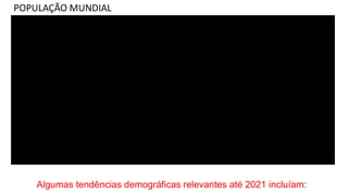 POPULAÇÃO MUNDIAL
Algumas tendências demográficas relevantes até 2021 incluíam:
 