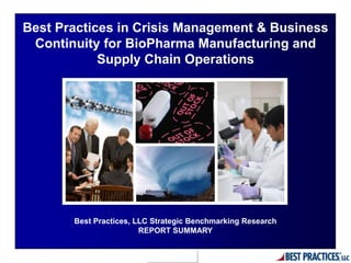 Best Practices in Crisis Management & Business
 Continuity for BioPharma Manufacturing and
            Supply Chain Operations




       Best Practices, LLC Strategic Benchmarking Research
                        REPORT SUMMARY


                               0
 
