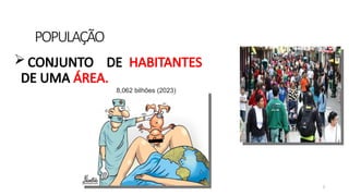 POPULAÇÃO
2
 CONJUNTO DE HABITANTES
DE UMA ÁREA.
8,062 bilhões (2023)
 