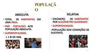 POPULAÇÃ
O
3
ABSOLUTA
• TOTAL DE HABITANTES EM
UMA ÁREA.
• PAÍS POPULOSO: ALTA
POPULAÇÃO ABSOLUTA.
• SUPERPOPULOSOS:
+ 1 BI DE HAB.
RELATIVA
• ONÚMERO DE HABITANTES
POR QUILÔMETRO QUADRADO.
• SUPERPOVOADOS:
-POPULAÇÃO SEM CONDIÇÕES DE
SUSTENTO.
 