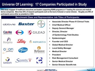 Page | 4
Benchmark Class and Representative Job Titles of Participants:
This study engaged 19 healthcare executives and leaders supporting REMS programs at 17 leading life sciences and medical
device companies. More than 50% of research participants work at the level of director or senior director. Roughly one-fifth of
participants serve either as president or CEO.
Universe Of Learning: 17 Companies Participated in Study
 Associate Director Phase IV Clinical Trials
 Chief Medical Officer
 Deputy General Manager
 Director, Director
of Epidemiology Field Studies
 Epidemiologist
 Founder and CEO
 Global Medical Director
 Local Safety Manager
 Medical Director
 President
 Risk Management Consultant
 Senior Medical Director
 Senior Director Benefit-risk
 