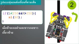 รูปแบบหุ่น นต์เคลื่อนที่ตามเส้น
2
if(L<250&&R>250){
sl(60);
}
เมื่อซ้า เจอดาและขวาเจอขาว
เลี้ วซ้า
 