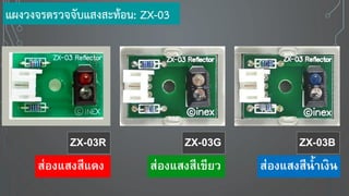 ZX-03R ZX-03G ZX-03B
ส่องแสงสีแดง ส่องแสงสีเขียว ส่องแสงสีน้าเงิน
แผงวงจรตรวจจับแสงสะท้อน: ZX-03
 