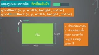 แสดงรูปทรงเรขาคณิต : สี่เหลี่ยมผืนผ้า
glcdRect(x,y,width,height,color)
glcdFillRect(x,y,width,height,color)
x ตาแหน่งแนวนอน
y ตาแหน่งแนวตั้ง
width ความกว้าง
height ความสูง
color สี
x
y
height
width
Fill
 