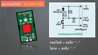 กดสวิตช์ = ลอจิก “0”
ไม่กด = ลอจิก “1”
แผงวงจรสวิตช์ : ZX-SWITCH01
 