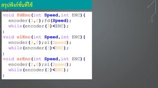 void fdEnc(int Speed,int ENC){
encoder(3,0);fd(Speed);
while(encoder(3)<ENC);
}
void slEnc(int Speed,int ENC){
encoder(3,0);sl(Speed);
while(encoder(3)<ENC);
}
void srEnc(int Speed,int ENC){
encoder(2,0);sl(Speed);
while(encoder(2)<ENC);
}
สรุปฟังก์ชั่นที่ใช้
 