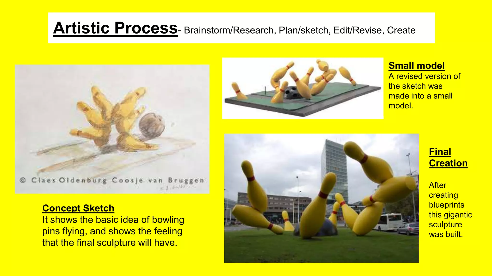 Artistic Process- Brainstorm/Research, Plan/sketch, Edit/Revise, Create
Concept Sketch
It shows the basic idea of bowling
pins flying, and shows the feeling
that the final sculpture will have.
Small model
A revised version of
the sketch was
made into a small
model.
Final
Creation
After
creating
blueprints
this gigantic
sculpture
was built.
 