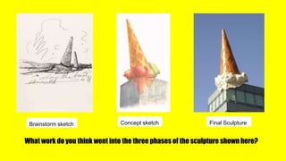 Brainstorm sketch Concept sketch Final Sculpture
What work do you think went into the three phases of the sculpture shown here?
 