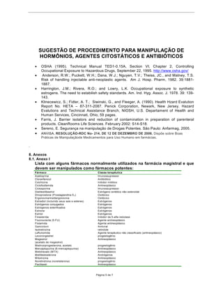 68*(67­2'(352(',0(1723$5$0$1,38/$d­O DE
       +250Ð1,26$*(17(6IT267È7,26($17,%,Ï7ICOS
bem vedado de plastico com identifica•‹o apropriada para res’duos t—xicos). Caso o derramento
contamine a vestimenta do manipulador, a mesma dever‡ ser imediatamente trocada. Derrames
maiores e res’duos podem ser inativados com solu•‹o de hipoclorito de s—dio a 5 ou 10%.
4.2.10. Acondicionar os res’duos e materiais descartavŽis (ex. gazes, papel manteiga, luvas, etc)
em sacos de lixo de alta densidade (branco leitoso com identifica•‹o apropriada de res’duos
t—xicos)
4.2.11. Acondicionar os utens’lios e materiais reutiliz‡veis ( ex. gral, pistilo, esp‡tula, etc) em
sacos pl‡sticos selados e identificados como material perigoso para que sejam posteriormente
limpos e higienizados antes de serem novamente utilizados.
4.2.12. Realizar o monitoramento do processo de manipula•‹o de Antibi—ticos, Horm™nios e
citost‡ticas atravŽs da an‡lise trimestral de uma formula•‹o manipulada de cada uma destas
classes terap•uticas.

5. Registros da Qualidade



6. Hist—rico de Revis›es
N‹o aplic‡vel


7. Refer•ncias

   ·   US Pharmacopeial Convention, Inc. United States Pharmacopeia 27-National Formulary
       22. Rockville, MD: US Pharmacopeial Convention, Inc.; 2003: 2350±2370.
   ·   Howard J. National Institute for Occupational Safety and Health (NIOSH) Alert: Preventing
       Occupational Exposures to Antineoplastic and other Hazardous Drugs in Healthcare
       Settings (Prepublication Copy). Cincinnati, OH: NIOSH ± Publications Dissemination; June
       7, 2004: 1±95. Available at www.cdc.gov/niosh/docs/2004-HaxDrugAlert/. Accessed June
       24, 2004.
   ·   Ader, A. et al. International Academy of Compounding Pharmacists (IACP): Hazard Alert:
       Compounding With Hazardous and/or Potent Pharmaceuticals. Sugar Land, TX: IACP
       Publication, 2003.
   ·   Rahe, H. Facilities and Procedures for Compounding Hazardous Drugs. International
       Journal of Pharmaceutical Compounding. Vol6 No 4 July/August 2002. p.267-270.
   ·   Lau, K. Compounding Using Hazardous Drugs. International Journal of Pharmaceutical
       Compounding. Vol4 No 4 July/August 2000. p.261-263.
   ·   Best Practices for Health-System Pharmacy ± Positions and Guidance Documents of
       American Society of Health-System Pharmacists (ASHP). 2002-2003 Edition. AHSP
       Technical Assistance Bulletin on Handling Cytotoxic and Hazardous Drugs. Bethesda, MD:
       AHSP, 2003. p.47-62.
   ·   Almeida, J.R.C. Farmac•uticos em Oncologia ± Uma Nova Realidade. 1a edi•‹o. S‹o
       Paulo: Editora Atheneu,2004.
   ·   Ader, A. W. Potent Compound Safety in Compounding Pharmacies. Houston,TX:
       Professionals Compounding Centers of America (PCCA) International Seminar; October
       24, 2002.


                                        P‡gina 4 de 7
 