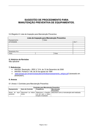 68*(67­2'(352(',0ENTO PARA
              0$187(1d­235(9(NTIVA DE EQUIPAMENTOS.



5.2.Registro II: Lista de Inspe•‹o para Manuten•‹o Preventiva

                          Lista de Inspe•‹o para Manuten•‹o Preventiva
Equipam ento:                                    Data:
ATIVIDADE                                                                                   Ok ?




Realizado Por:
Visto                                                           Data



6. Hist—rico de Revis›es
N‹o aplic‡vel


7. Refer•ncias
    · ANVISA. Resolu•‹o ± RDC no 214, de 12 de Dezembro de 2006
    · $19,6$3RUWDULDQƒGHGHDJRVWRGH
    · www.anvisa.gov.br/servicossaude/controle/processamento_artigos.pdf (acessado em
       20/04/2007).

8. Anexos

8.1.Anexo I: Controles para Manuten•‹o Preventiva

                                Controles para Manuten•‹o Preventiva
Equipamento      Itens de Controle )UHTrQFLD              Manuten•‹o
                                                           Preventiva
Nome do equi- Descrever os indica- 5HODFLRQDU D IUHTrn- Descrever como a manuten•‹o ser‡ realizada.
pamento       dores                cia em que a manu-
                                   ten•‹o Ž realizada




                                           P‡gina 2 de 2
 