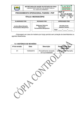 SECRETARIA DE SAUDE DO ESTADO DO PIAUI
LABORATORIO CENTRAL DE SAÚDE PUBLICA
“Dr. COSTA ALVARENGA.”
PROCEDIMENTO OPERACIONAL PADRÃO - POP
POP N°
25.1.01.03.024
TÍTULO: MICROSCÓPIO
Revisão
01
Página
6/6
ELABORADO POR: REVISADO POR: APROVADO POR
Ronaldo Costa
Gerente Técnico
Ismânia Maria Ramalho
Farmacêutica Bioquímica
Gildevane Vieira do
Nascimento
Farmacêutica Bioquímica
Data: _____ / _____ / ______
- Estocagem em caixa de madeira por longo período sem proteção de desinfetantes ou
agentes dissecantes.
7.0 HISTÓRICO DE REVISÕES
N°da revisão Data Descrição Responsável pela
elaboração
01 10/05/2010 Procedimento revisado
em sua totalidade
Ismania Maria Ramalho
 