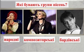 Які бувають групи пісень?
народні композиторські бардівські
 