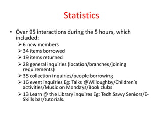Statistics
• Over 95 interactions during the 5 hours, which
included:
6 new members
34 items borrowed
19 items returned
28 general inquiries (location/branches/joining
requirements)
35 collection inquiries/people borrowing
16 event inquiries Eg: Talks @Willoughby/Children’s
activities/Music on Mondays/Book clubs
13 Learn @ the Library inquires Eg: Tech Savvy Seniors/E-
Skills bar/tutorials.
 
