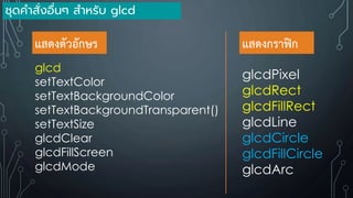 glcd
setTextColor
setTextBackgroundColor
setTextBackgroundTransparent()
setTextSize
glcdClear
glcdFillScreen
glcdMode
glcdPixel
glcdRect
glcdFillRect
glcdLine
glcdCircle
glcdFillCircle
glcdArc
ชุดคาสั่งอื่นๆ สาหรับ glcd
แสดงตัวอักษร แสดงกราฟิก
 