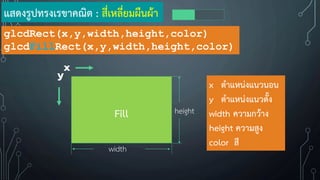 แสดงรูปทรงเรขาคณิต : สี่เหลี่ยมผืนผ้า
glcdRect(x,y,width,height,color)
glcdFillRect(x,y,width,height,color)
x ต้าแหน่งแนวนอน
y ต้าแหน่งแนวตั้ง
width ความกว้าง
height ความสูง
color สี
x
y
height
width
Fill
 