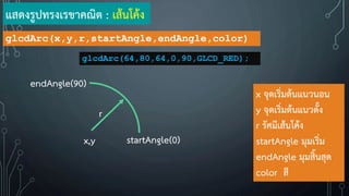 แสดงรูปทรงเรขาคณิต : เส้นโค้ง
x จุดเริ่มต้นแนวนอน
y จุดเริ่มต้นแนวตั้ง
r รัศมีเส้นโค้ง
startAngle มุมเริ่ม
endAngle มุมสิ้นสุด
color สี
x,y
glcdArc(x,y,r,startAngle,endAngle,color)
startAngle(0)
r
endAngle(90)
glcdArc(64,80,64,0,90,GLCD_RED);
 