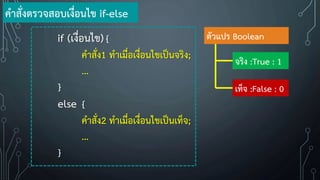 if (เงื่อนไข){
ค้าสั่ง1 ท้าเมื่อเงื่อนไขเป็นจริง;
...
}
else {
ค้าสั่ง2 ท้าเมื่อเงื่อนไขเป็นเท็จ;
...
}
ค้าสั่งตรวจสอบเงื่อนไข if-else
ตัวแปร Boolean
จริง :True : 1
เท็จ :False : 0
 