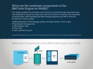 Application
Flash
APIs
POWER8
DRAM
FLASH ARRAY
PSL
Flash
AFU
Hardware Components of the IBM Data Engine for NoSQL
What are the hardware components of the
IBM Data Engine for NoSQL?
The design enables the processor main memory to provide the fast response times
that applications require by using main memory to cache or hold the most frequently
accessed data, while leveraging the flash storage attached via CAPI to store the
remaining in-memory data*.
• IBM FlashSystem®
840 Storage solution, firmware version 1.1.3.0 or later
• FlashSystem storage array
• CAPI adapter card
• FPGA chip
• Fiber channel I/O ports
*Providing the POWER8 processors with direct access to both DRAM and flash enables application software to adjust memory and flash usage ratios to optimize performance and cost.
 