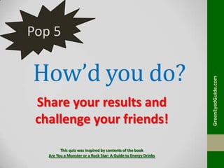 How’d you do?
Share your results and
challenge your friends!
This quiz was inspired by contents of the book
Are You a Monster or a Rock Star: A Guide to Energy Drinks

GreenEyedGuide.com

Pop 5

 