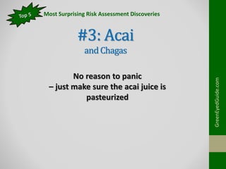 #3: Acai
andChagas
GreenEyedGuide.com
Most Surprising Risk Assessment Discoveries
No reason to panic
– just make sure the ...