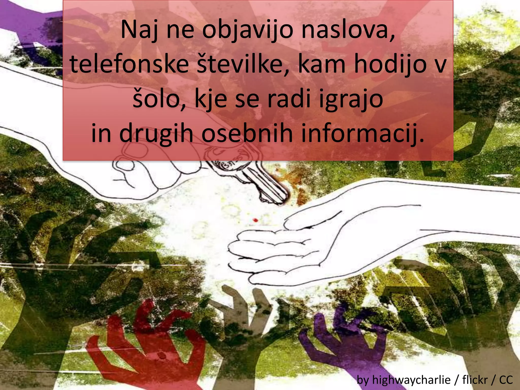 Naj ne objavijo naslova, telefonske številke, kam hodijo v šolo, kje se radi igrajoin drugih osebnih informacij. by highwaycharlie / flickr / CC
