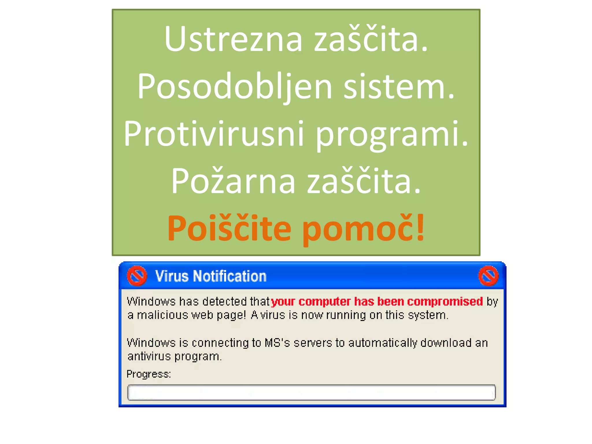 Ustrezna zaščita.Posodobljen sistem.Protivirusni programi.Požarna zaščita.Poiščite pomoč!