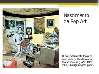 Nascimento
 da Pop Art




O que exatamente torna os
lares de hoje tão diferentes,
tão Atraentes? (HAMILTON,
1956). Colagem sobre papel.
 