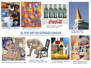 RAUSCHENBERG: “Kennedy”
JASPER JOHNS: “Mapa” 1959
ANDY WARHOL: “5 botellas
de Coca-Cola”, 1962
ROY LICHTENSTEIN: “Mujer en el baño”, 1963
GEORGE SEGAL: “Mujer
peinándose en silla verde”, 1964
CLAES OLDENBURG:
“Dropped Cone”, 2001
Tom Wesselmann: “Naturaleza
muerta n º 24” 1962
JAMES ROSENQUIST:
“Marilin Monroe I”, 1962
 