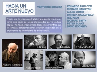 Richard Hamilton
Richard Smith
El arte pop temprano de Inglaterra se puede considerar
como una serie de ideas alimentadas por la cultura
popular norteamericana vista desde lejos mientras que
los artistas norteamericanos estaban inspirados en la
experiencia de vivir dentro de dicha cultura.
 