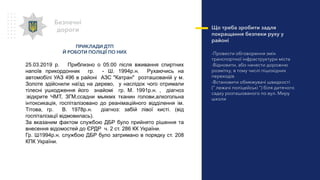 Що треба зробити задля
покращання безпеки руху у
районі
-Провести обговорення змін
транспортної інфраструктури міста
-Відновити, або нанести дорожню
розмітку, в тому числі пішохідних
переходів
-Встановити обмежувачі швидкості
(“ лежачі поліцейські ”) біля дитячого
садку розташованого по вул. Миру
школи
Безпечні
дороги
ПРИКЛАДИ ДТП
Й РОБОТИ ПОЛІЦІЇ ПО НИХ
25.03.2019 р. Приблизно о 05:00 після вживання спиртних
напоїв прикордонник гр. - Ш. 1994р.н. Рухаючись на
автомобілі УАЗ 496 в районі АЗС "Катран" розташованій у м.
Золоте здійснили наїзд на дерево, у наслідок чого отримали
тілесні ушкодження його знайомі гр. М. 1991р.н. , діагноз
:відкрите ЧМТ, ЗГМ,ссадни мьякмх тканин голови,алкогольна
інтоксикація, госпіталізовано до реанімаційного відділення ім.
Тітова, гр. В. 1978р.н. діагноз: забій лівої кисті. (від
госпіталізації відмовилась).
За вказаним фактом службою ДБР було прийнято рішення та
внесення відомостей до ЄРДР ч. 2 ст. 286 КК України.
Гр. Ш1994р.н. службою ДБР було затримано в порядку ст. 208
КПК України.
 