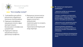 Нагальні потреби
поліції
Чого потребує поліція?
Як планується вирішувати
проблеми?
- Звернутись до ВЦА що до можливості
виконання запланованого :
-Покупку 1 службового автотранспорту
передбаченого програмою Підвищення
безпеки району на 2016-2020 роки
закупку автомобіля для дільничних;
-Забезпечити участь працівників поліції у
тренінгах з попередження шахрайства
-Залучити допомогу громадських
організацій для проведення тренінгу та
запрошення експерта з безконфліктного
спілкування;
-Звернутись до керівника міськвиконкому
що до можливості виділення службового
житла.
1. 3 автомобіля для роботи
дільничних у віддалених
населених пунктах району
2. Підвищити кваліфікацію
працівників поліції у сфері
протидії Інтернет,
банківським та телефонним
шахрайствам
3. Підвищити навички
працівників поліції з
деескалації конфліктів
4. Вирішення питання житла
для сімей 14 працівників
відділу поліції які є
вимушеними
переселенцями та не мають
свого житла на
підконтрольній Українській
владі території.
 